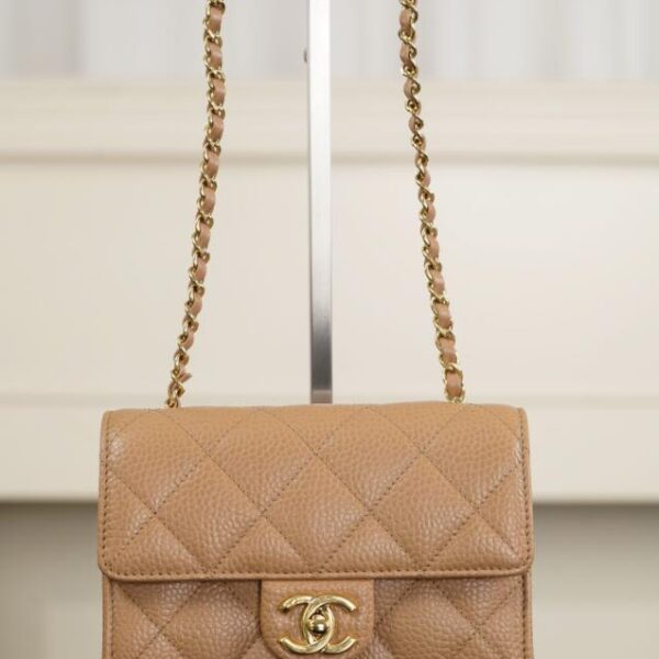 Chanel mini CF 口蓋包 荔枝牛 淺棕色 (8LI7QX)