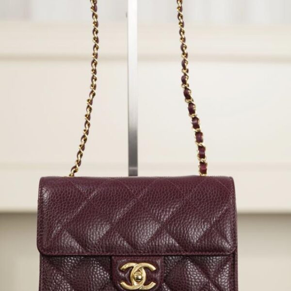 Chanel mini CF 口蓋包 荔枝牛 酒紅 (A8QQWV)